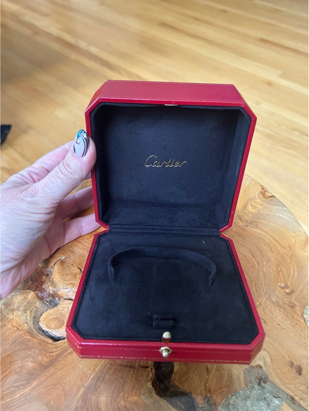 Cartier Red Bracelet Box with Gold Detailing and Black Velvet Interior
